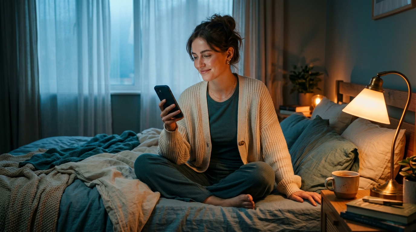 A young woman sitting cross-legged on a bed, soft lamp light, smiling down at her phone with a relaxed and content expression