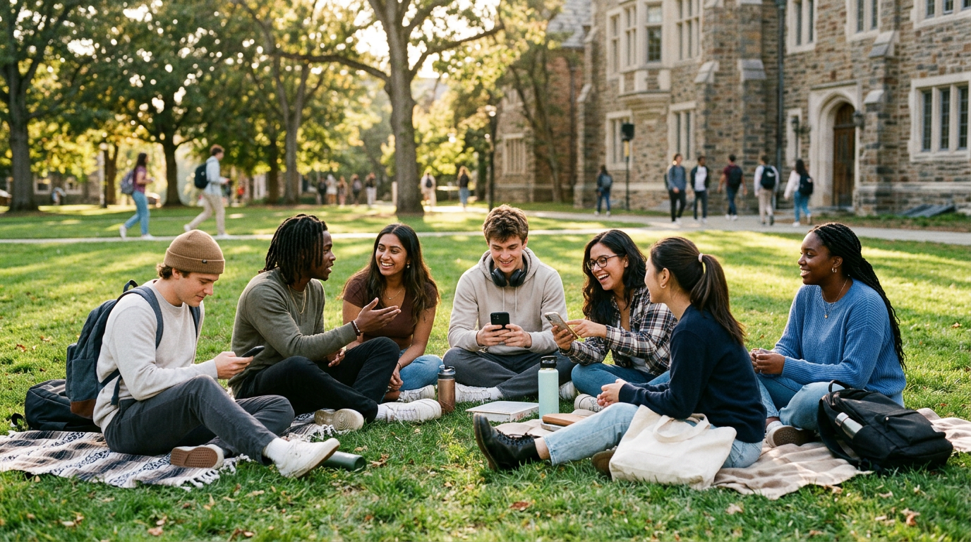 A diverse group of young adults sitting together outdoors on a campus lawn, some on phones, some talking, relaxed and candid, warm afternoon light