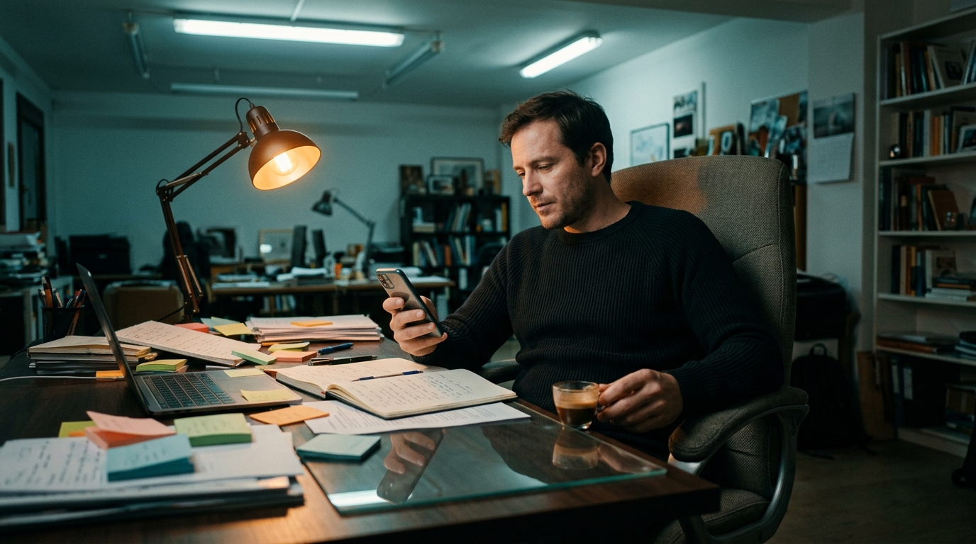 A man sitting at a dimly lit desk late at night, phone screen glowing as he scrolls through an app, coffee cup beside him, relaxed and focused expression