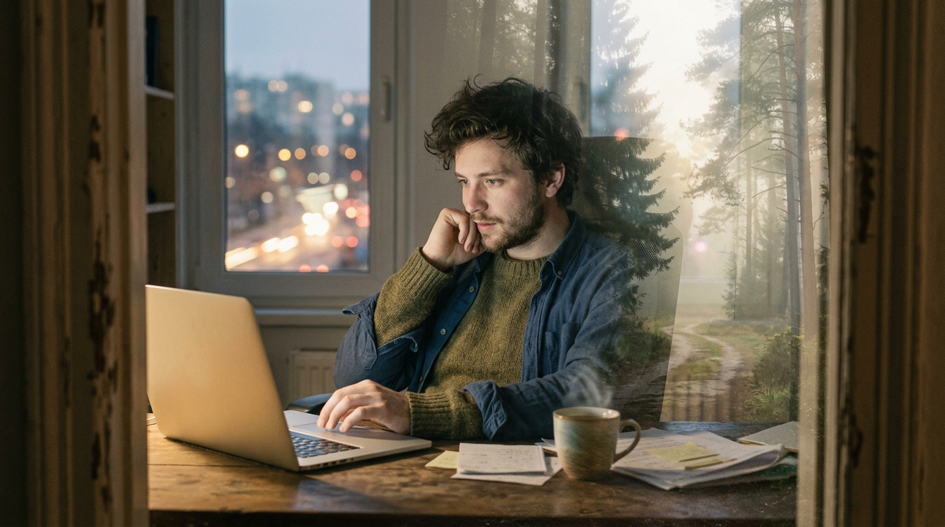 A man in his late twenties sitting at a desk near a window in the evening, soft city lights behind him, looking thoughtfully at a laptop screen with a slight smile