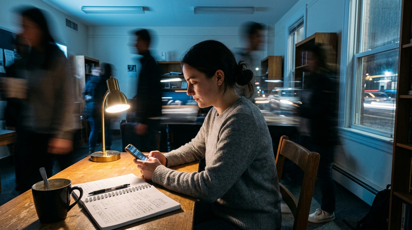 A person sitting at a desk late at night, warm lamp light, scrolling through a phone with a thoughtful expression, coffee cup nearby