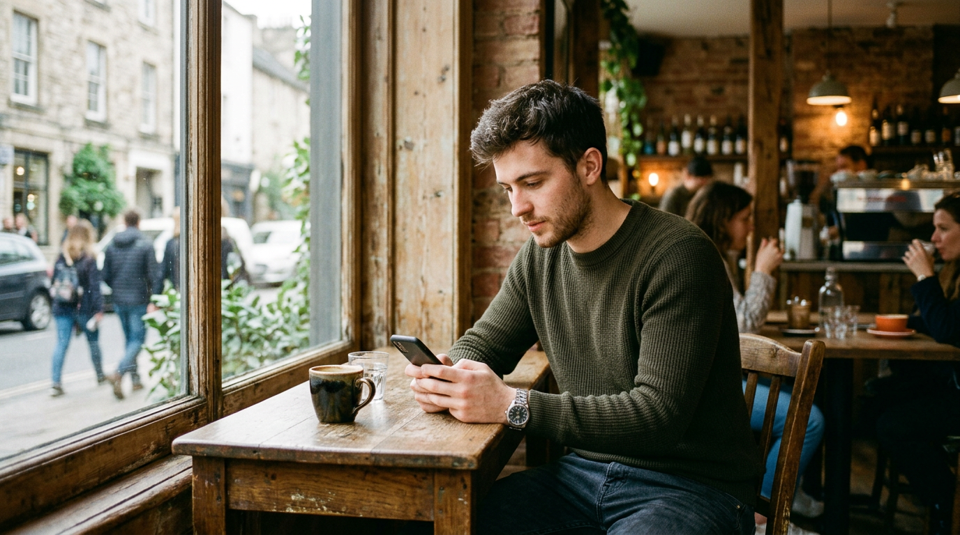 A young man sitting alone at a cafe table near a window, looking thoughtfully at his phone, soft natural light, candid street photography style