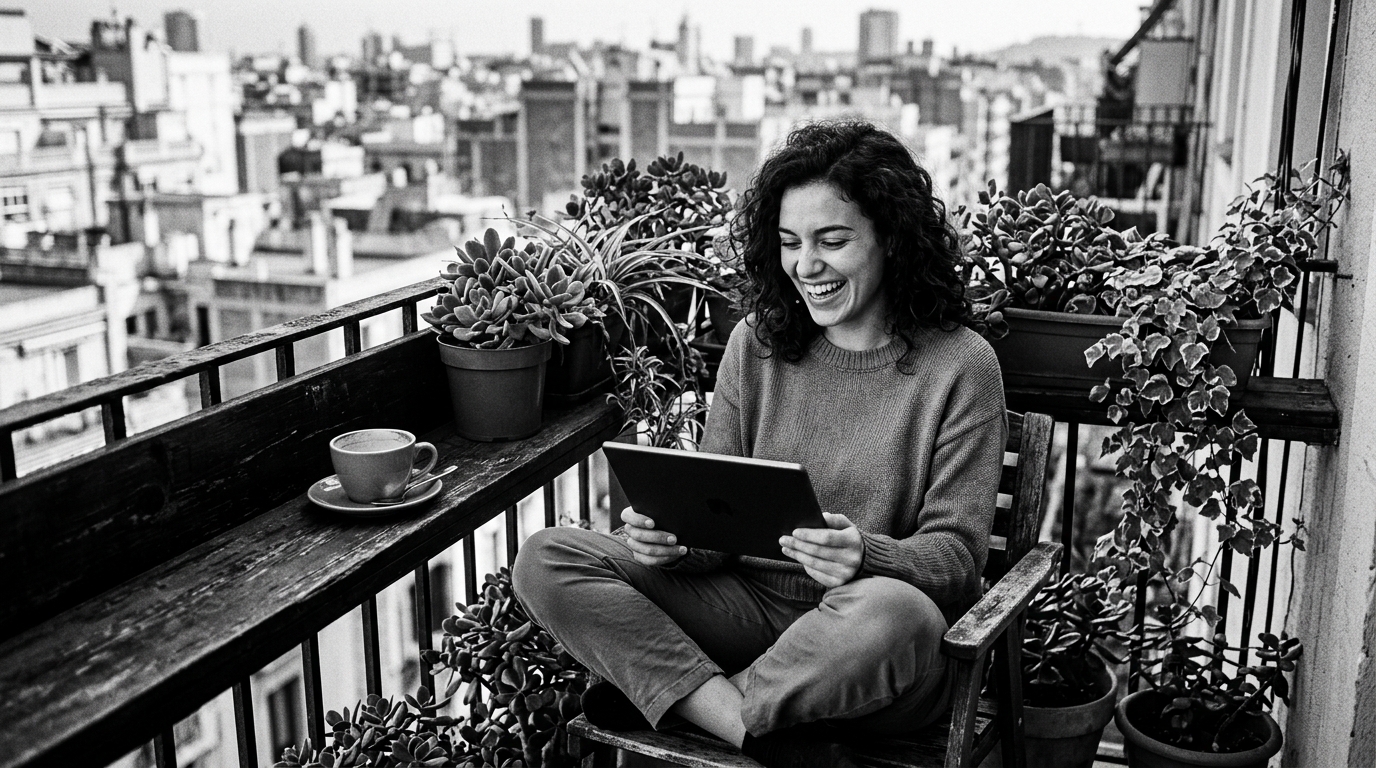 A woman relaxing on a sunlit balcony with a tablet in her lap, smiling at the screen, plants and city skyline in the background, casual afternoon setting