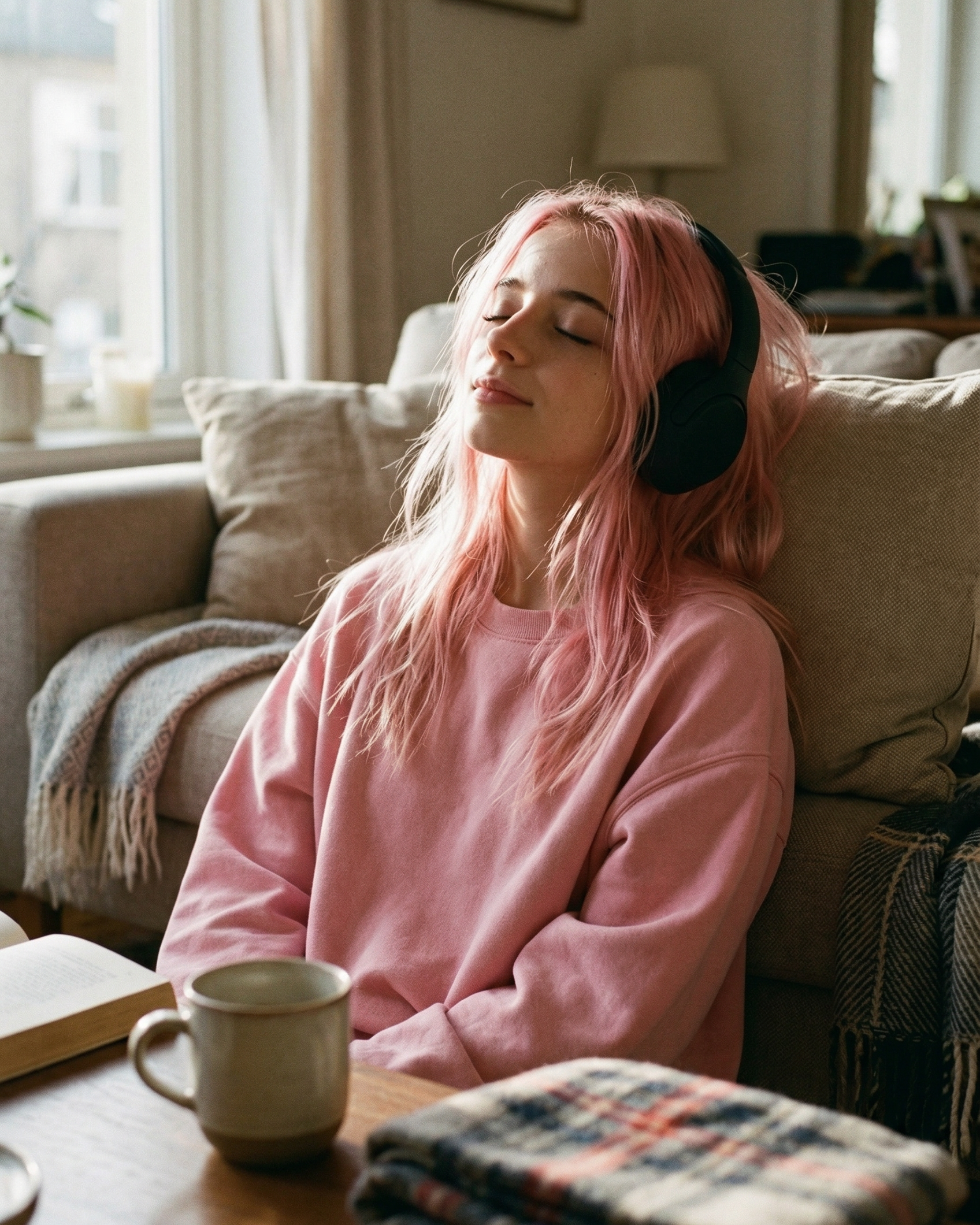 Zoe in her soft reset era. Headphones on, world off.